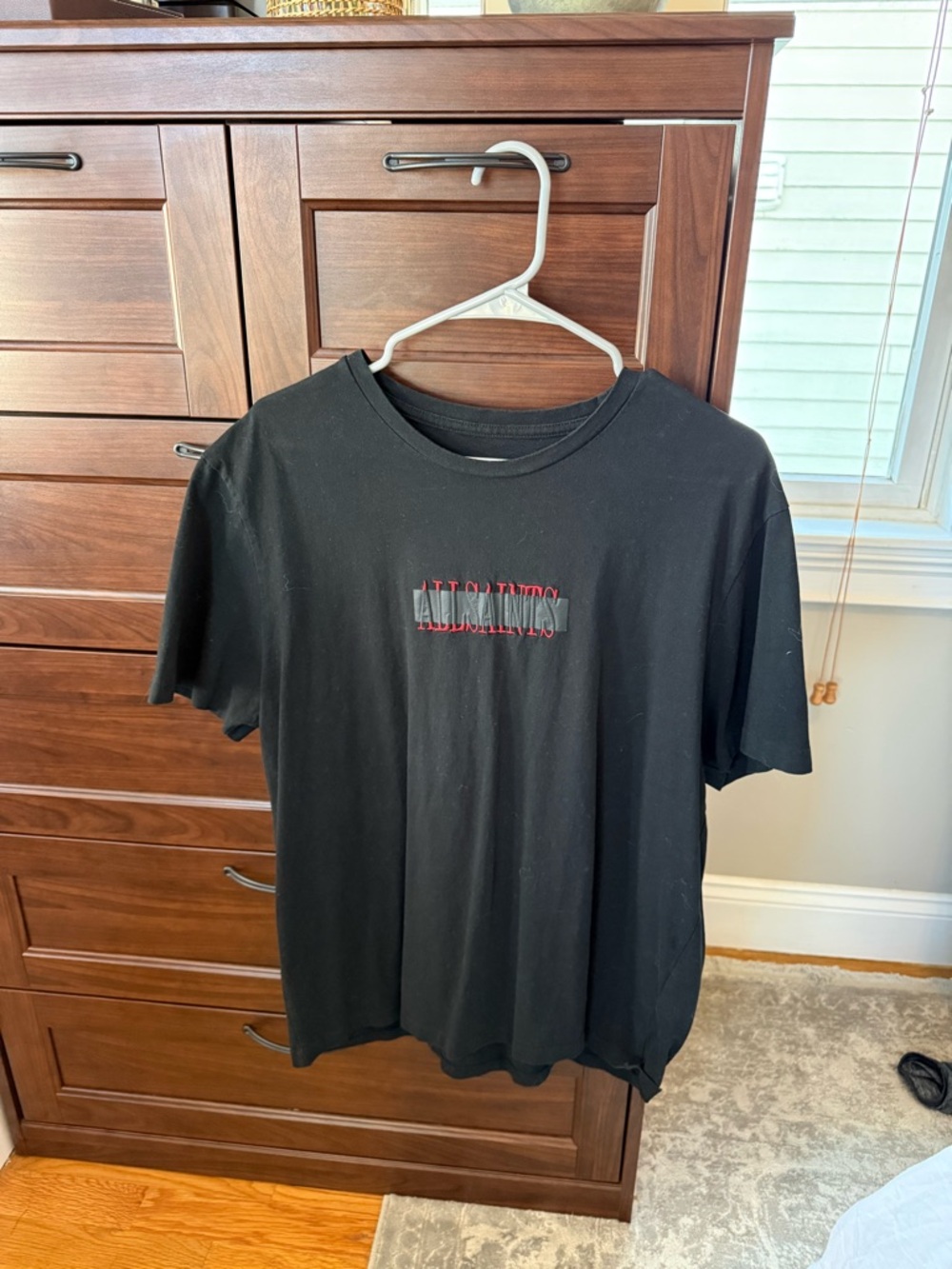 AllSaints Black Tee with Red-Outlined Logo